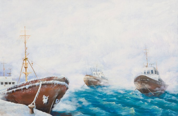 Oil painting - Fishing trawlers in the port
